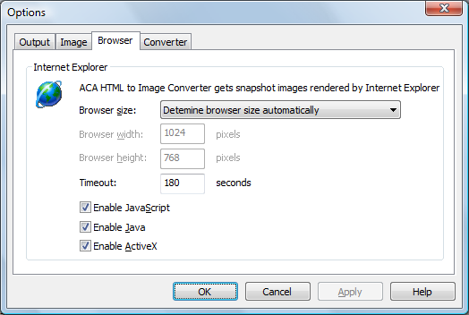 ACA HTML to Image Converter gets snapshot images rendered by Internet Explorer. You can adjust the browser size, timeout value, enable/disable JavaScript, Java or ActiveX features - ACA HTML to Image Converter screenshots