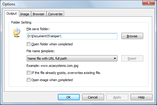 You can adjust the image folder and file name settings in the Output options dialog - ACA HTML to Image Converter