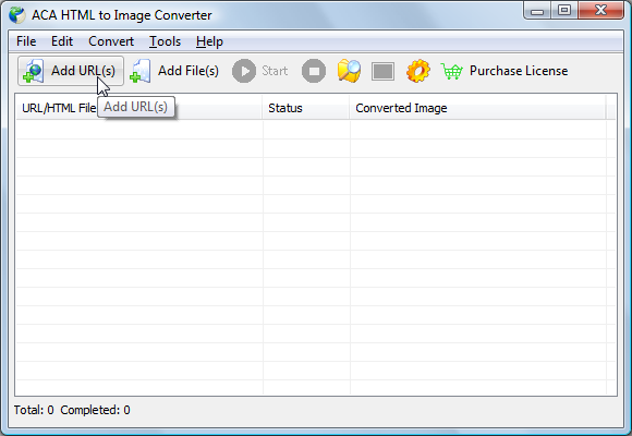 Click the Add URL(s) button - ACA HTML to Image Converter Screenshot