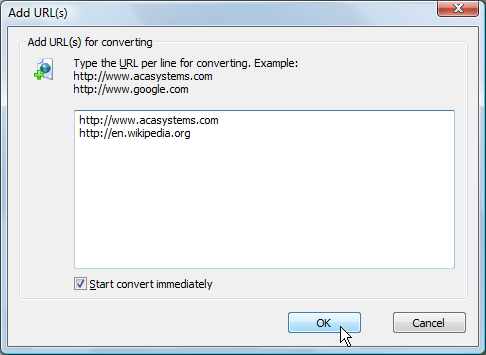 Type the URL per line for converting - ACA HTML to Image Converter Screenshot