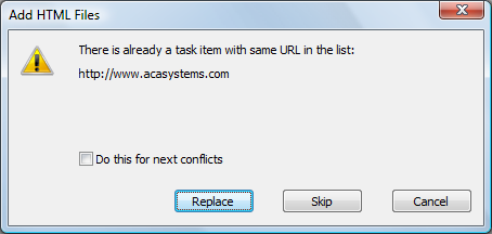 Load/Import the URL List from file: choose Replace, Skip or Cancel this item - ACA HTML to Image Converter screenshot