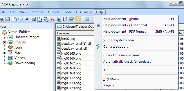 Screenshot: The Help menu of ACA Capture Pro