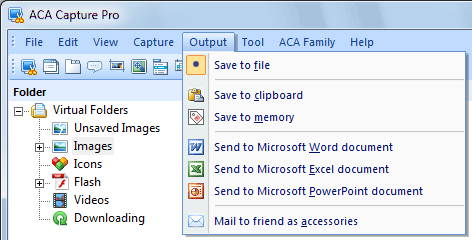 Screenshot: The Output menu of ACA Capture Pro
