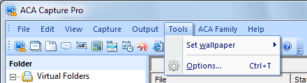 Screenshot: The Tools menu of ACA Capture Pro