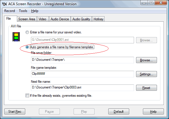 AVI File Option: Auto generate a file name by filename template