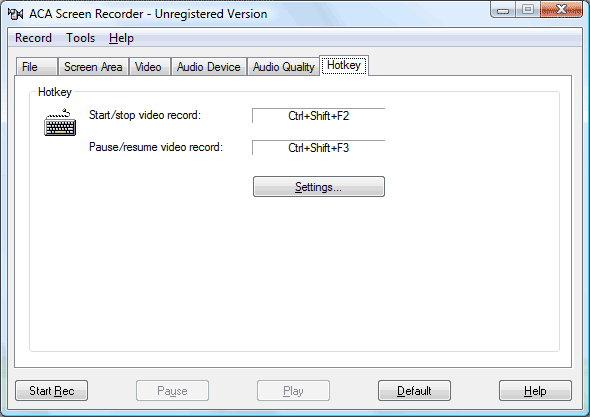 ACA Screen Recorder: Hotkey options