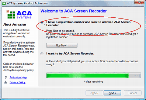 ACA Screen Recorder Activation: choose I have a registration number and want to activate ACA Screen Recorder
