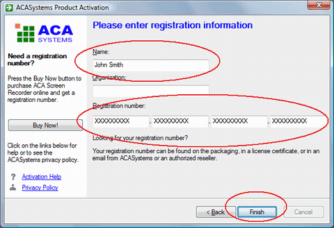 ACA Screen Recorder: Enter the registration information