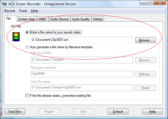 ACA Screen Recorder: Click File tab, and then enter a file name for your saved video