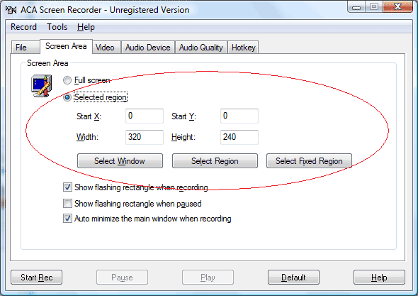 ACA Screen Recorder: Click Screen Area tab, check Select Region option, and enter the values that it's shown as following screenshot