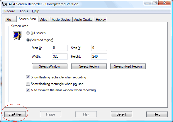 ACA Screen Recorder: Click on Start Rec button to start recording. The ACA Screen Recorder window will temporarily disappear to allow the capture.